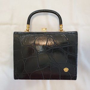 Sleek and Elegant Black with Gold Faux Alligator Box Handbag